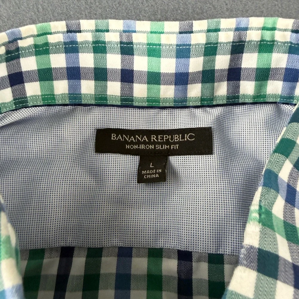 Banana Republic Shirt Mens L Blue Green Gingham Non-Iron Slim Fit Lot of 2 Dress